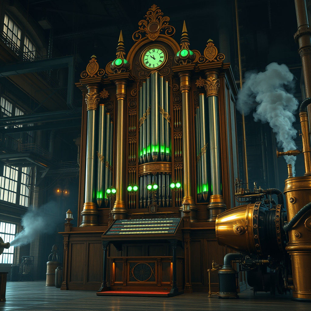 Steampunk Pipe Organ in Victorian Factory Hall