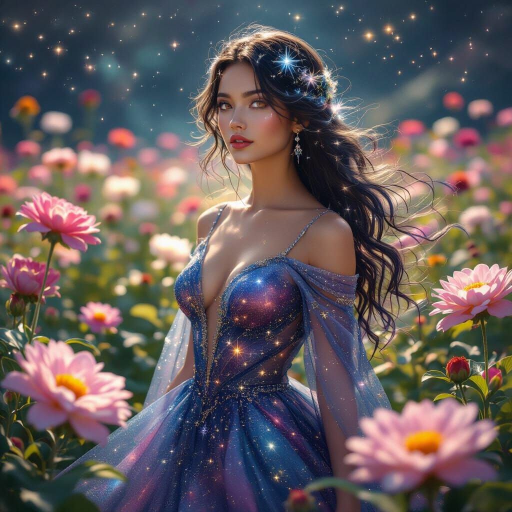 Celestial Goddess in Cosmic Garden with Starlight Hair