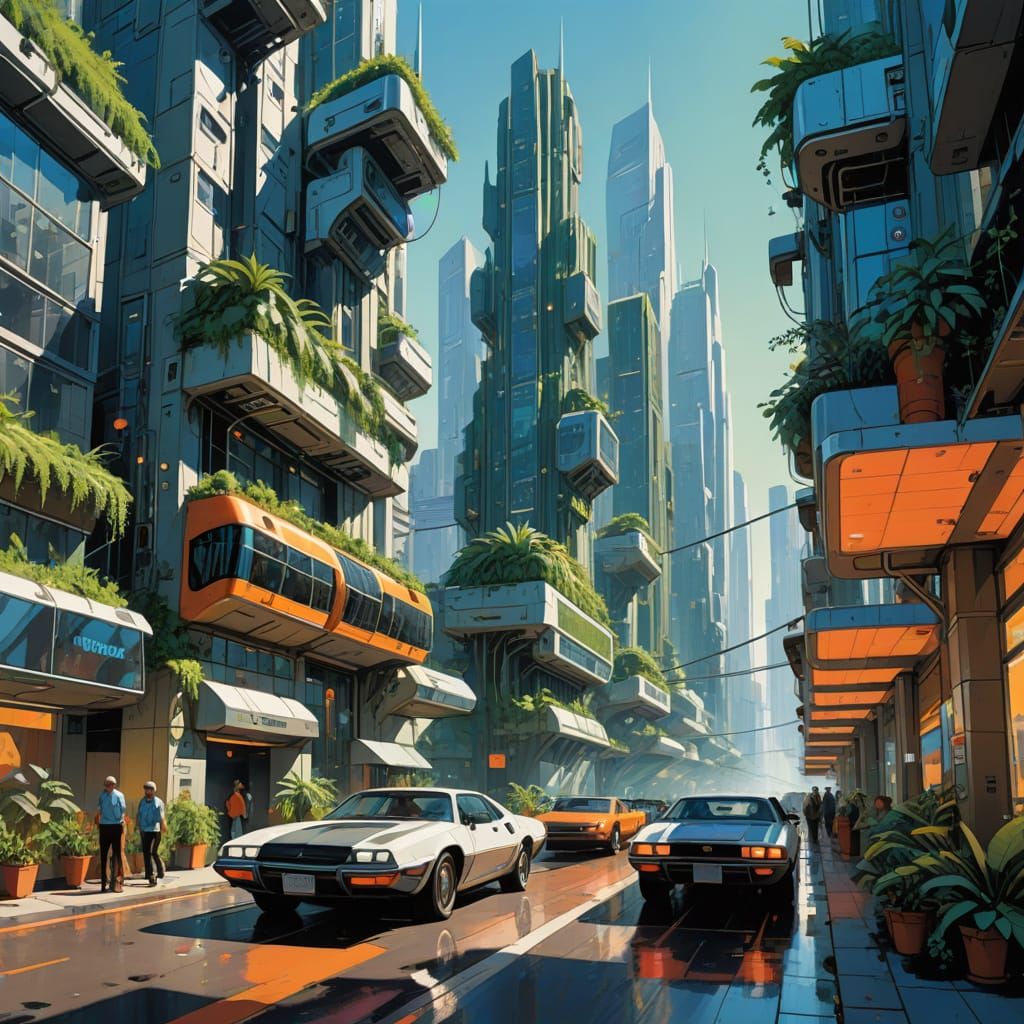 Solarpunk Cityscape at Dawn in Watercolor Style