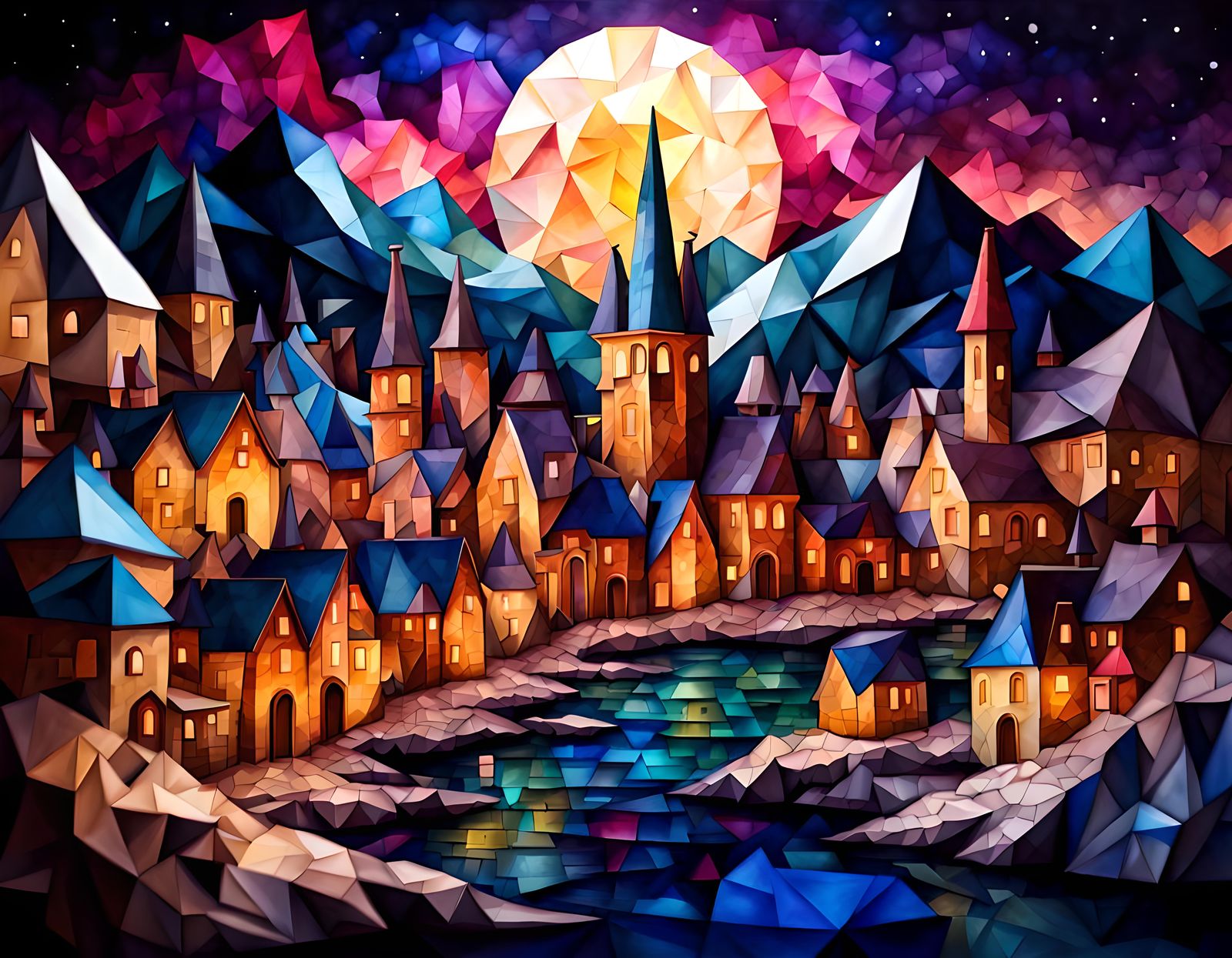 A beautiful low poly fantastical nightscape scene,  ultradet...