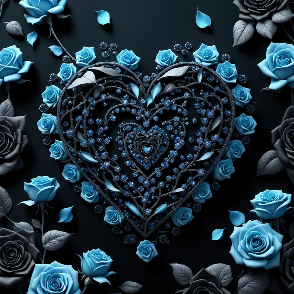 Black rhinestone heart with haint blue roses
