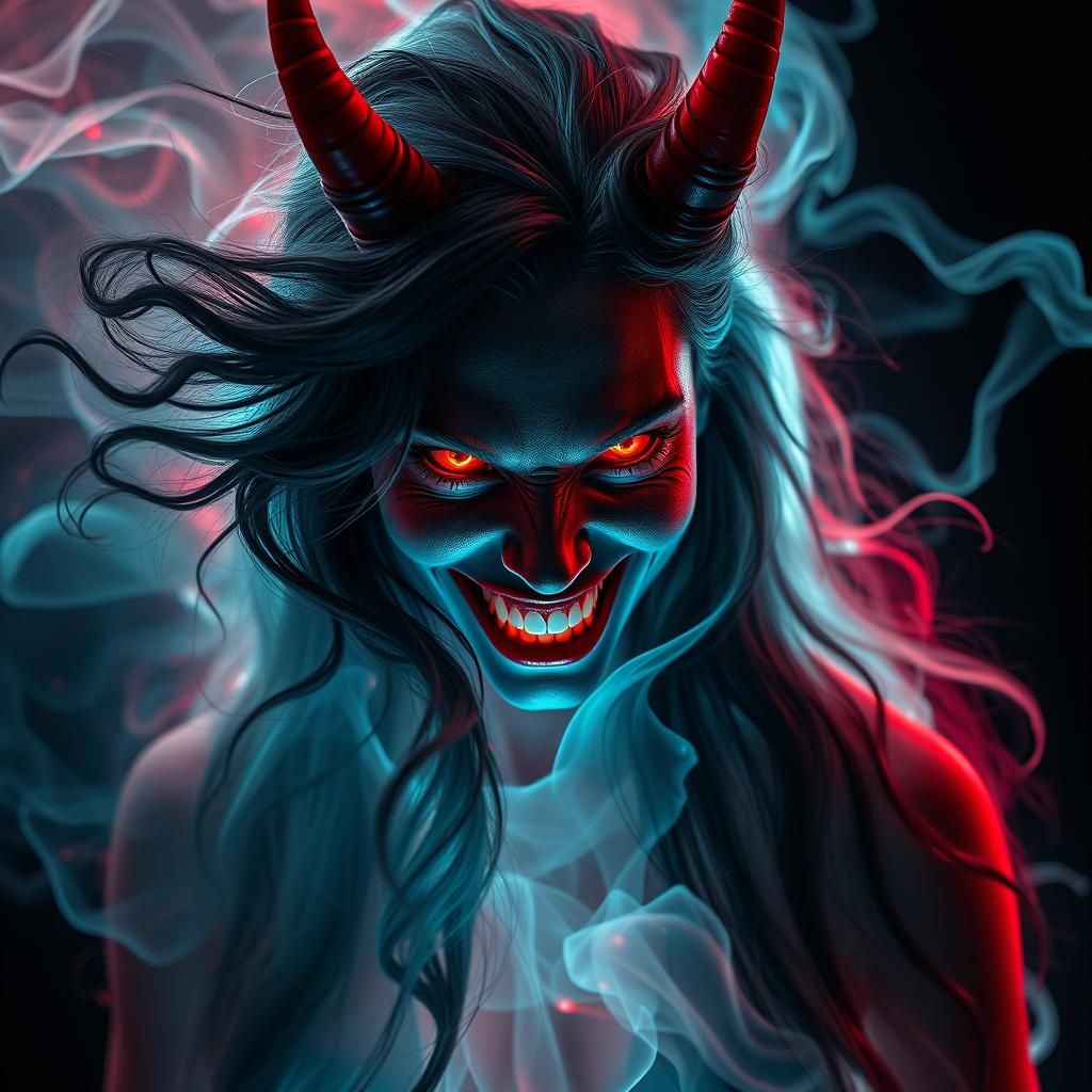 Female Demon Formed of Energy Waves in Photorealism