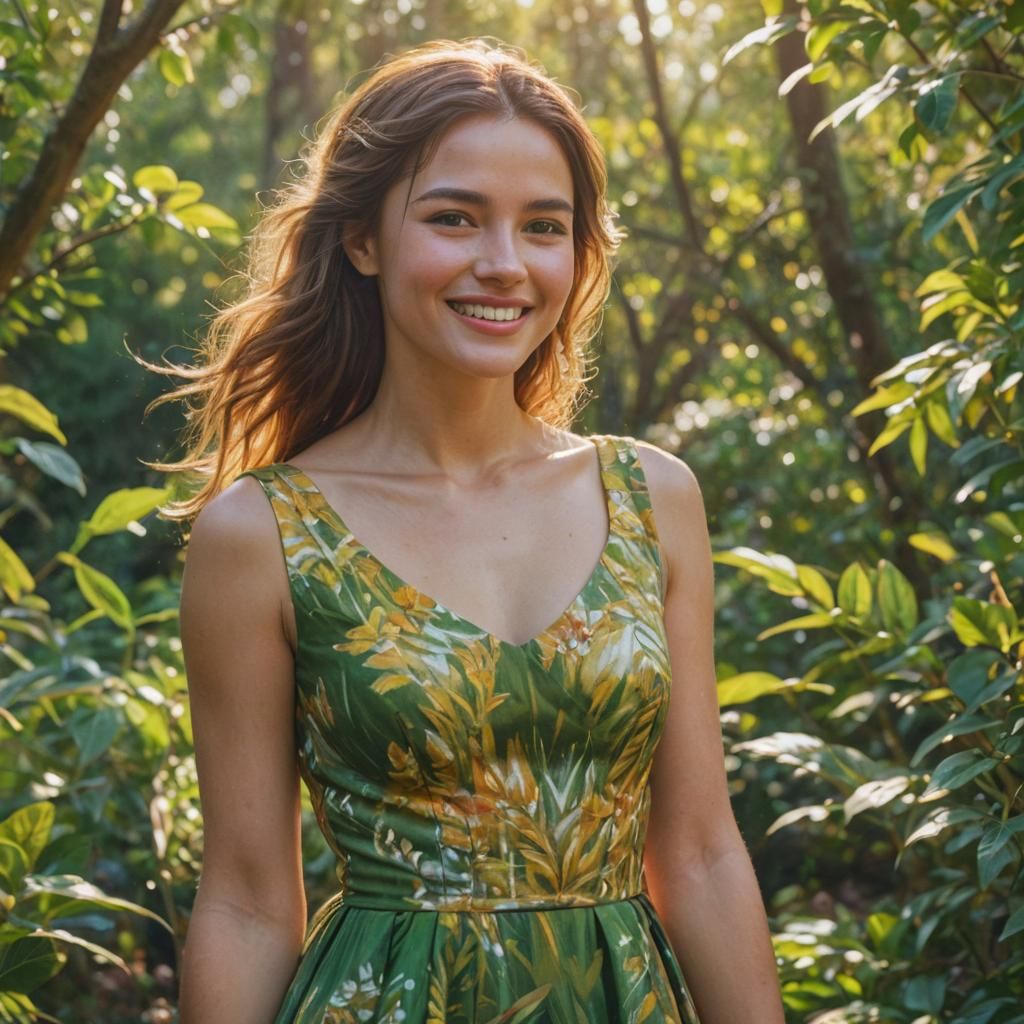 Smiling Woman in Serene Landscape: Impressionist Oil Paintin...