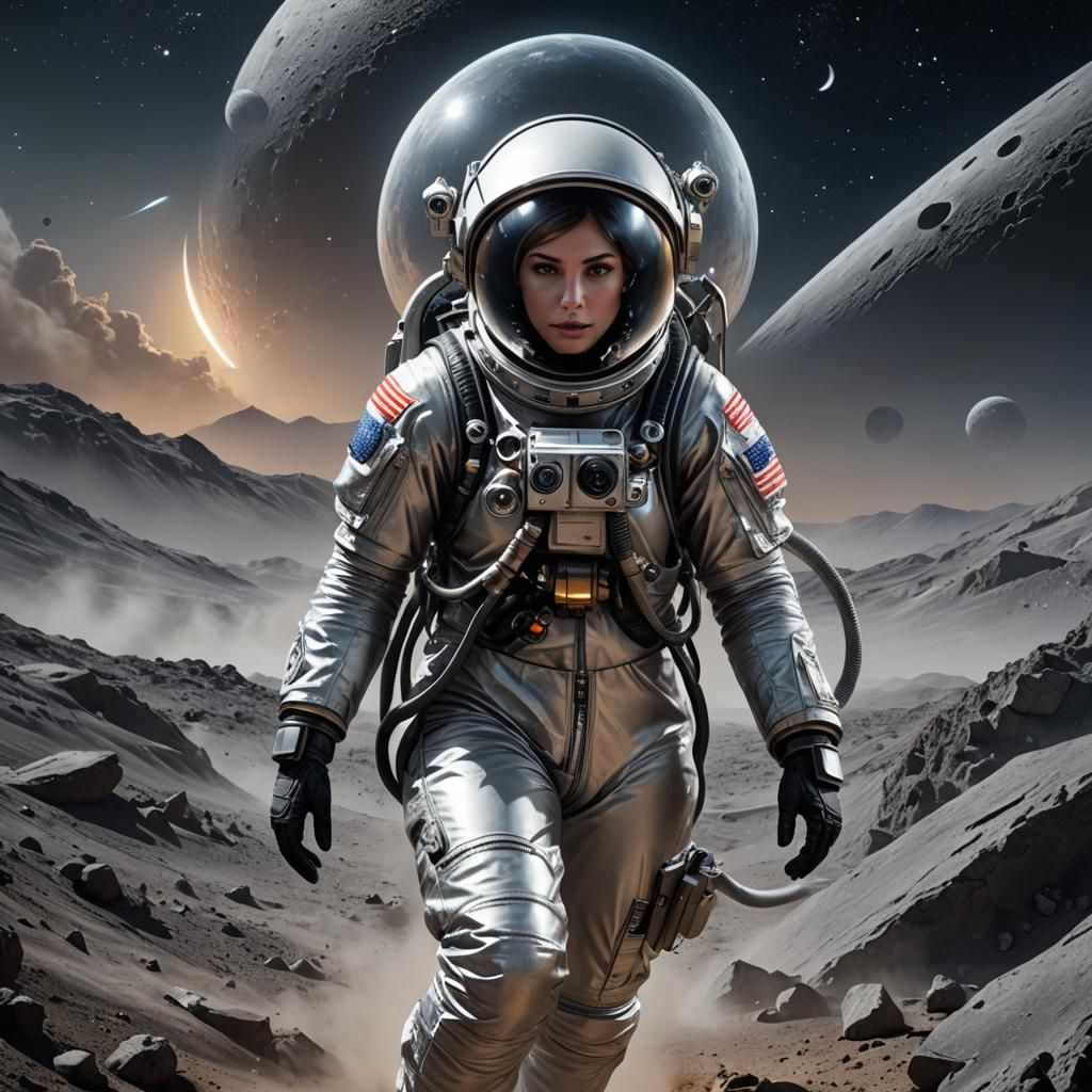 019 A beautiful female astronaut wearing a silver spacesuit on the moon.