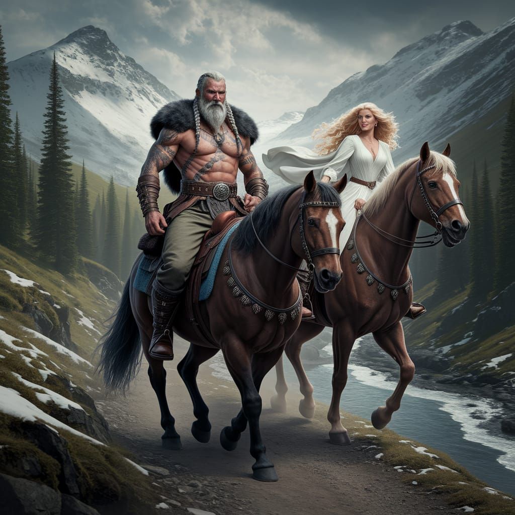 Viking Leader on Horseback with Companion in Dark Fantasy St...