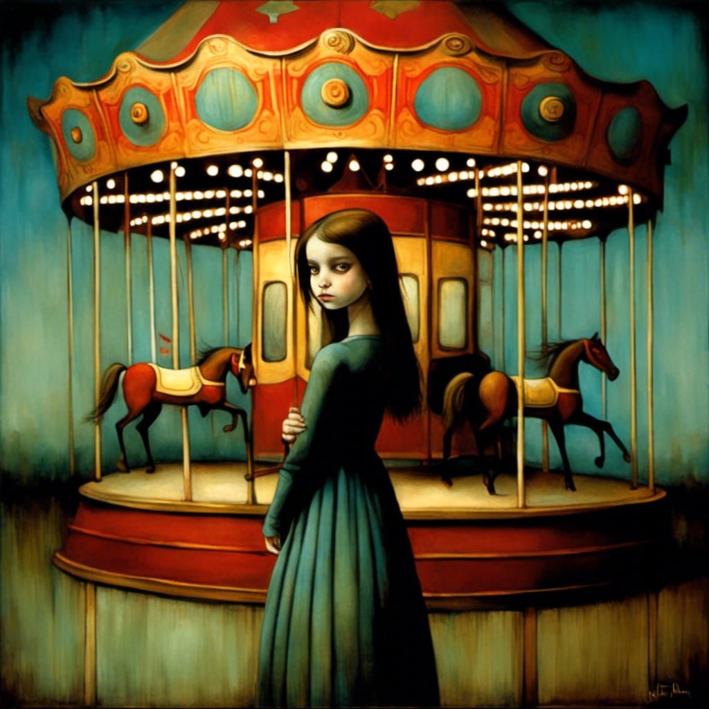 Girl by Abandoned Carousel in Atmospheric Realism Style