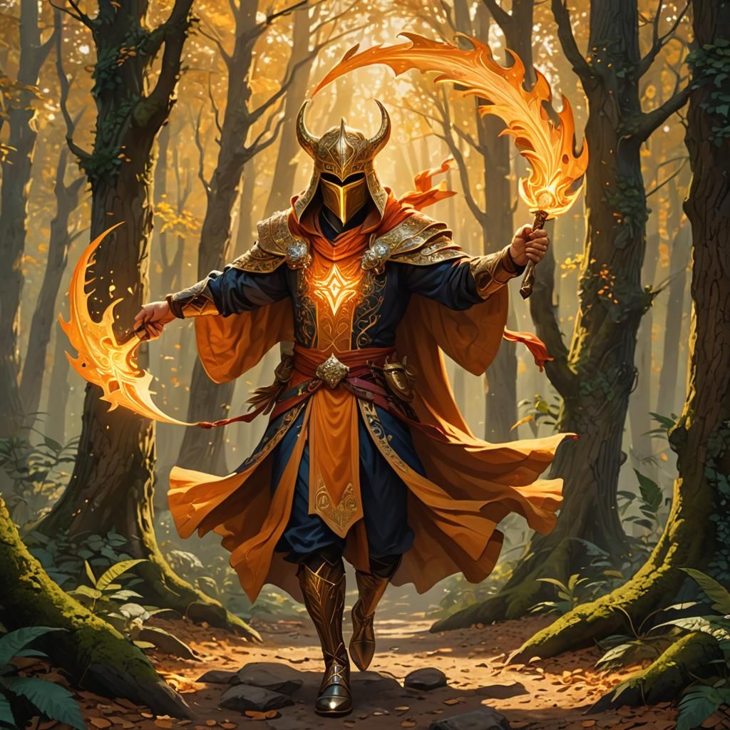 Battle Mage Descends with Glowing Blade in Forest