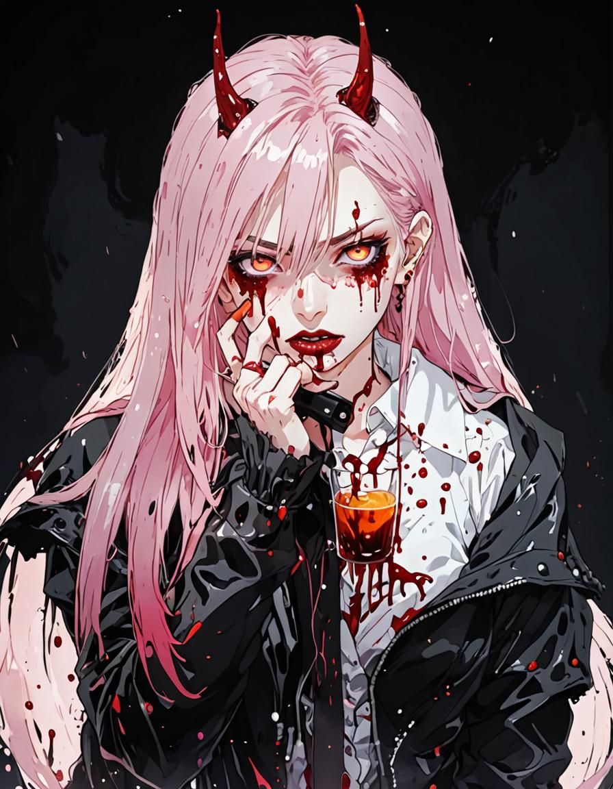 Blood Devil Bathes in Blood: Dark Fantasy Illustration