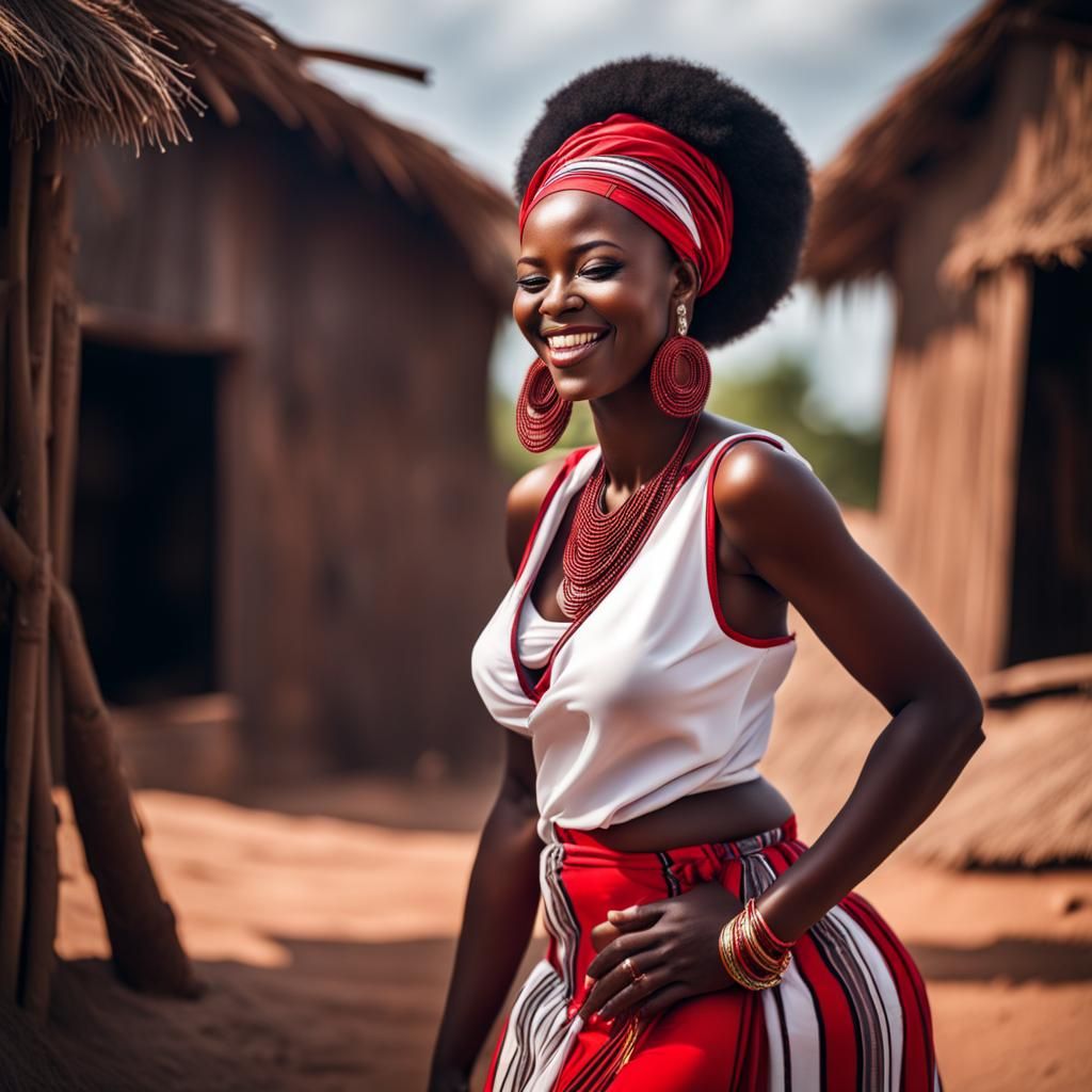 Happy African Woman in Elegant Village Scene
