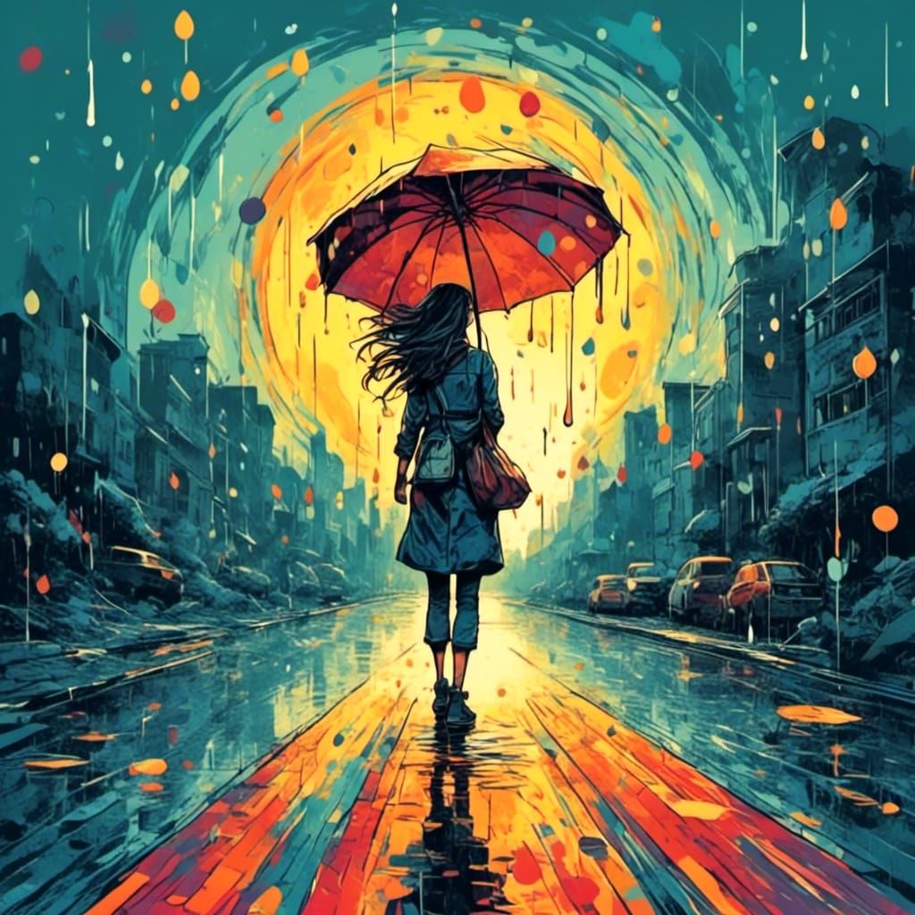 Woman Smiles in Rainy Pop Art Design