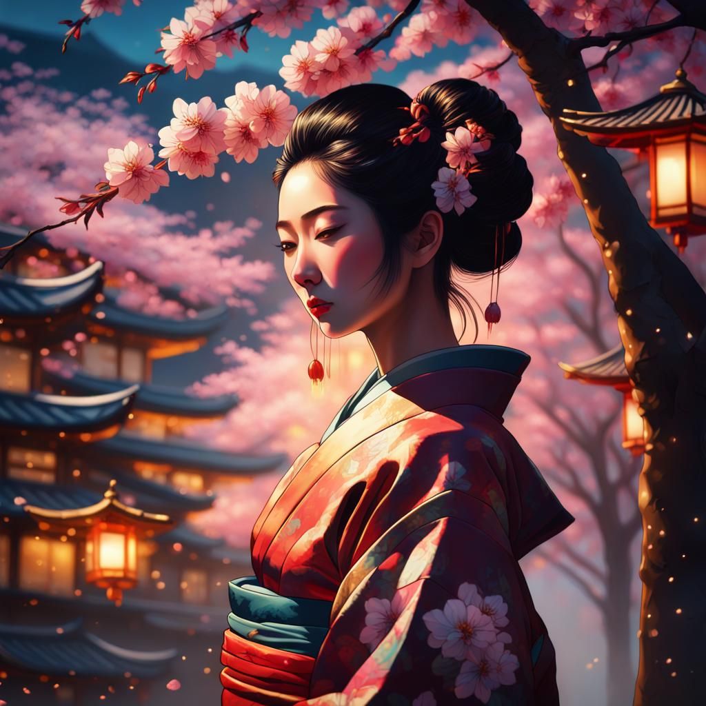 Geisha Dance Under Cherry Trees: Oil Painting