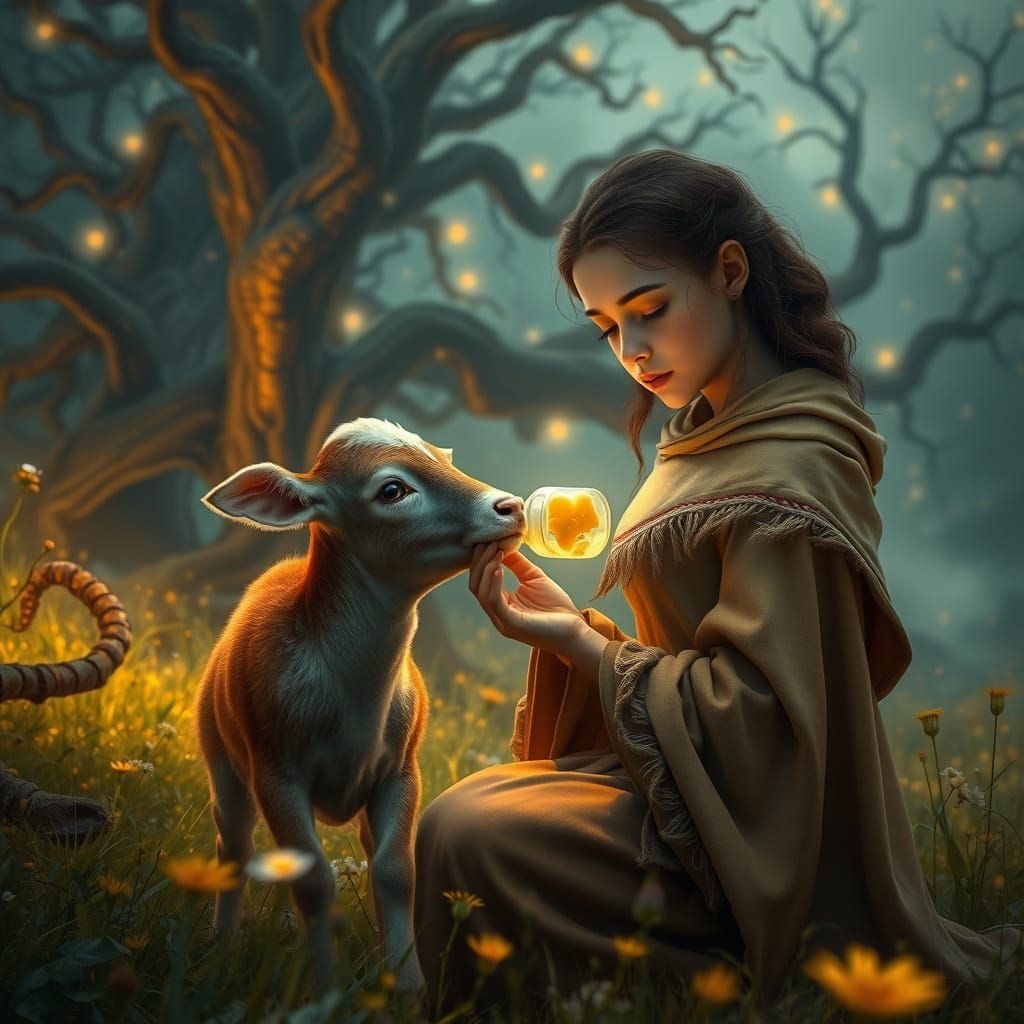 Girl Bottle Feeding an Ethereal Calf in Enchanted Landscape