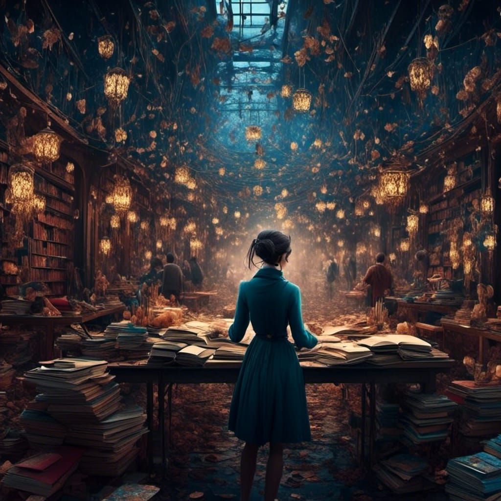 Magical Office at Night with Man in Suit