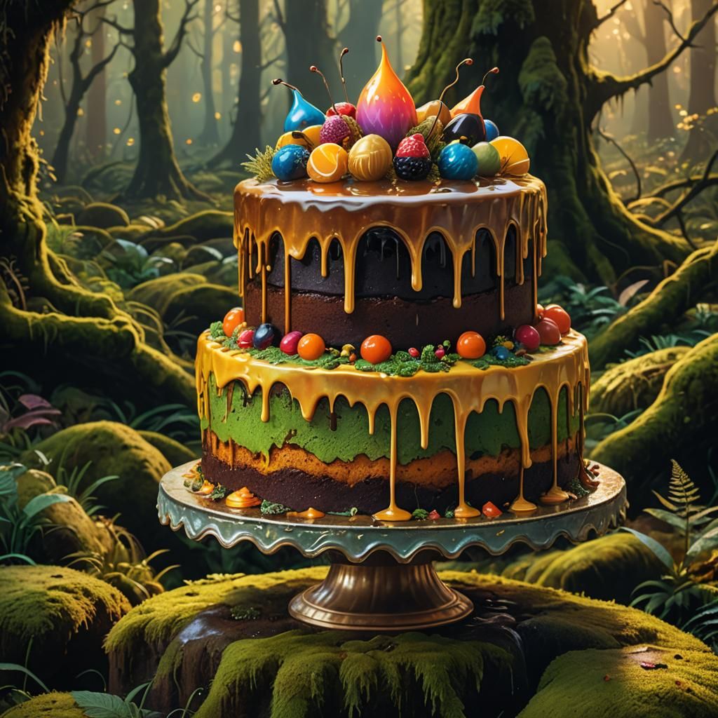 Decadent Cake in Mystical Forest, Digital Art