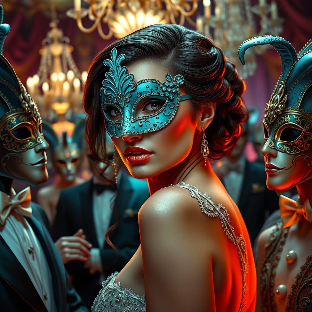 a female figure at a masquerade ball, her face partially hid...