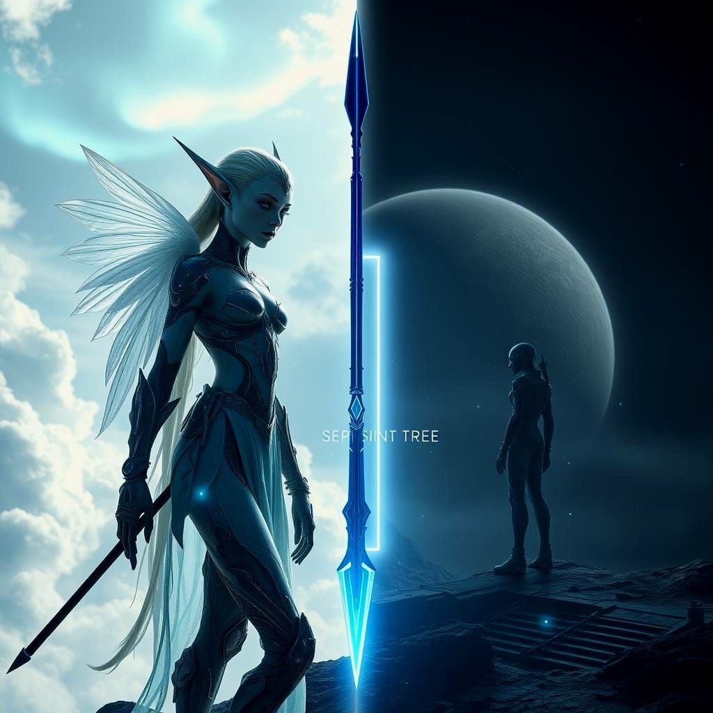 Ethereal Elf Between Cyberpunk and Heavenly Realms