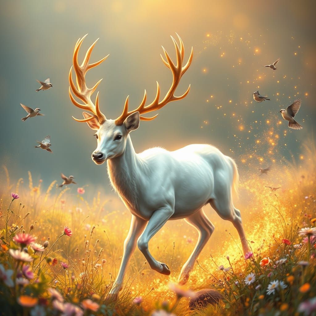 Majestic White Deer with Golden Antlers in Ethereal Meadow