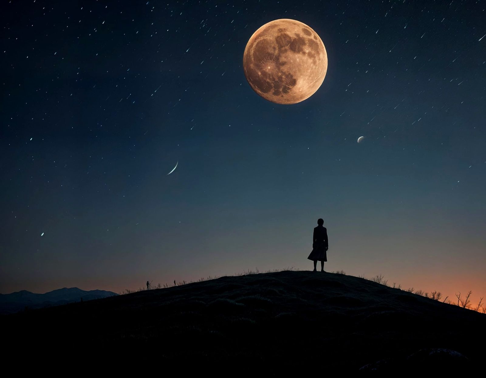 Lone Figure Silhouetted by Full Moon