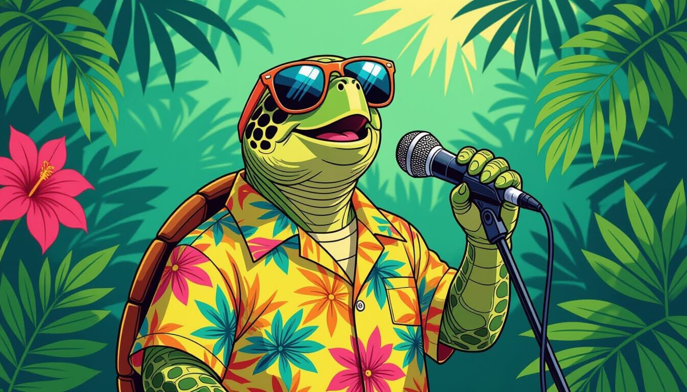 Singing Turtle in Jungle, Illustrative Style