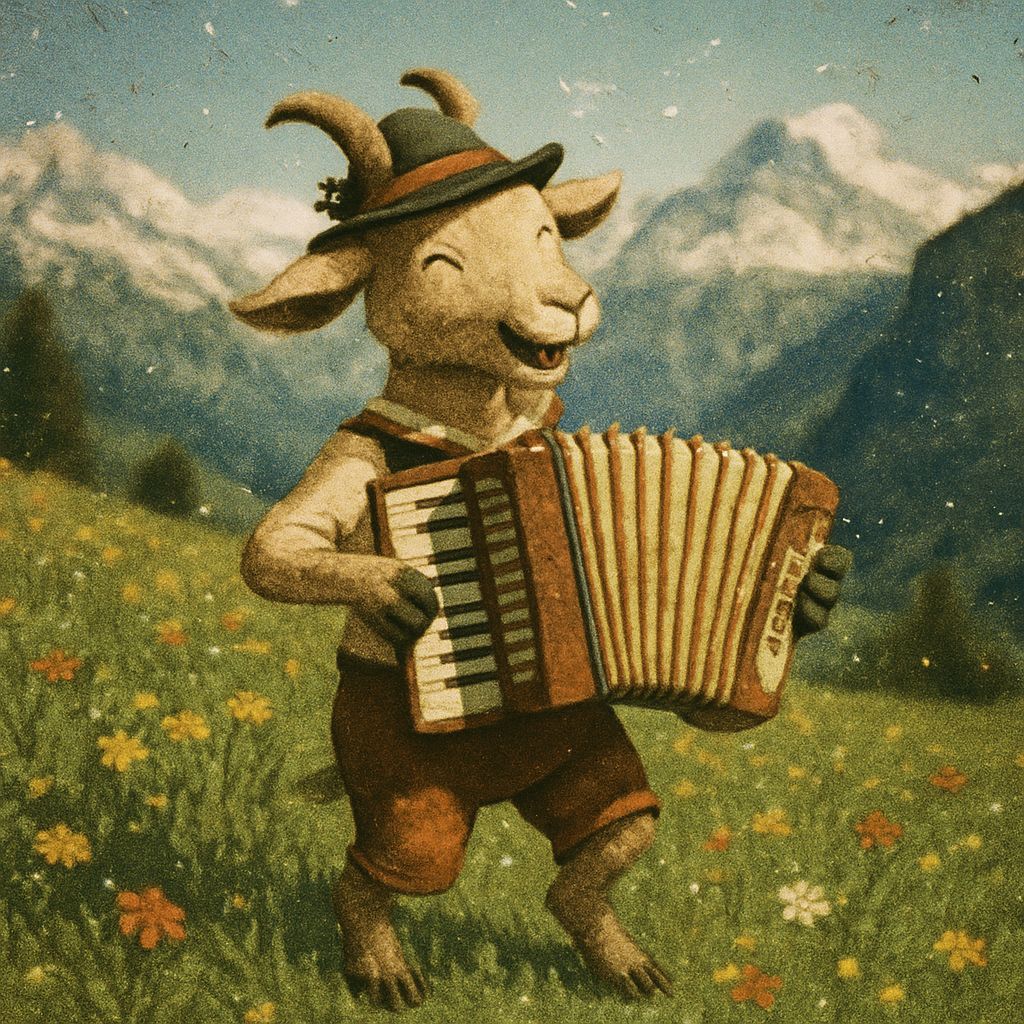 Whimsical Goat Musician in Alpine Meadow Analog Photo