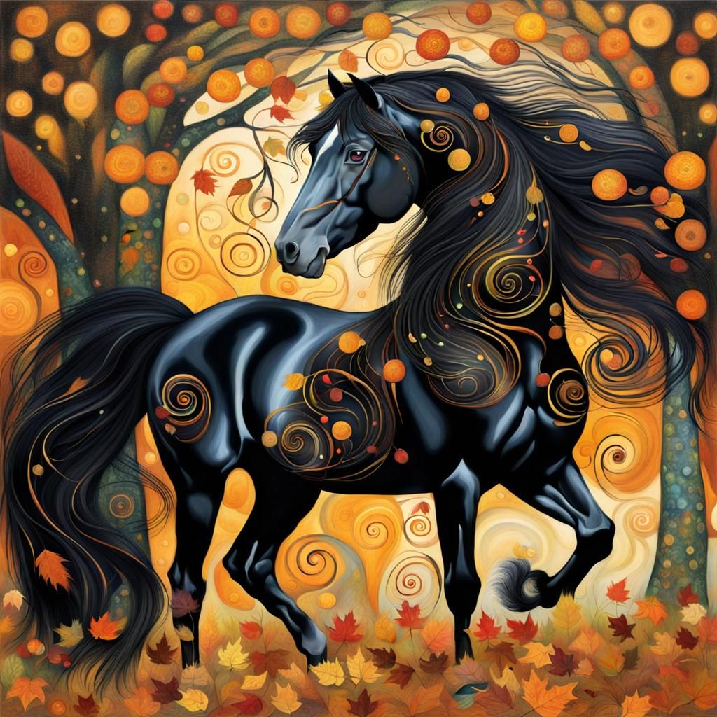 Black Horse with Klimt-Inspired Mane