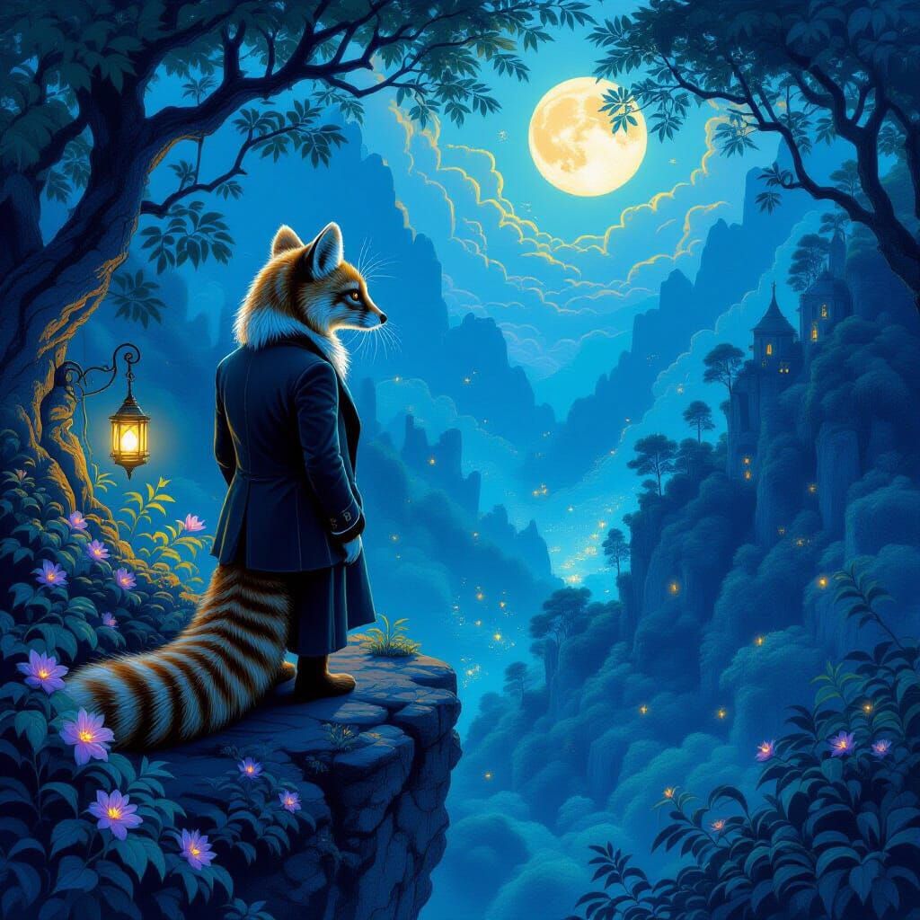 Bioluminescent Forest Vista with Ringtail, Dark Fantasy Styl...