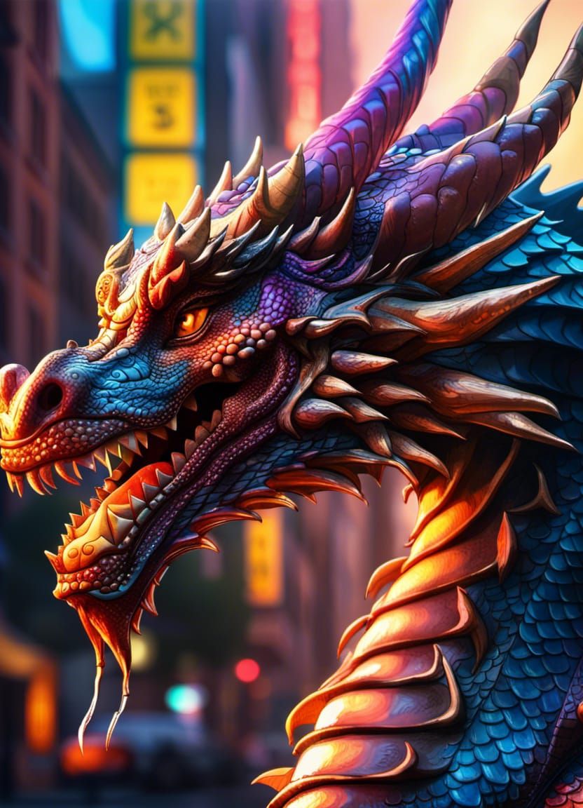 Moonlit Dragon Over City: Hyperrealistic Splash Art