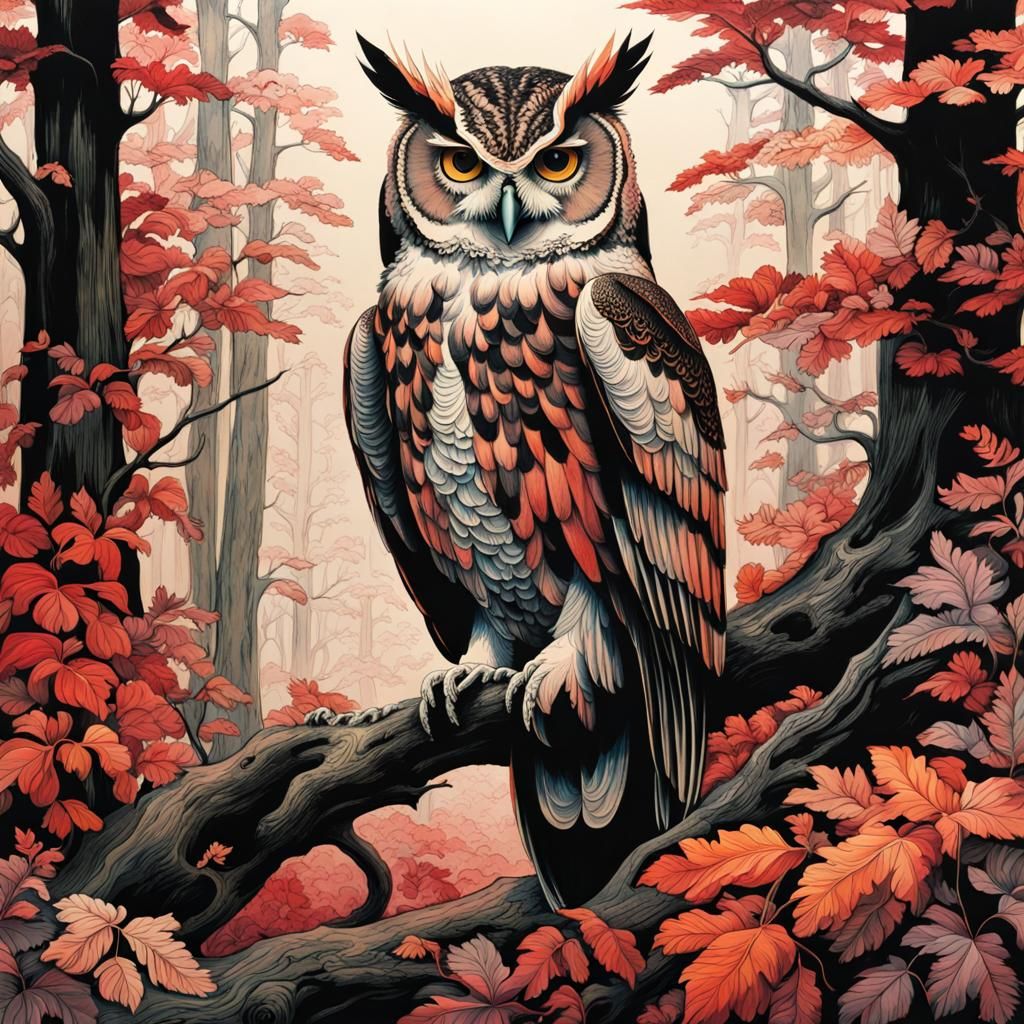 Monochromatic Owl in Forest, Sinopia Ink Wash