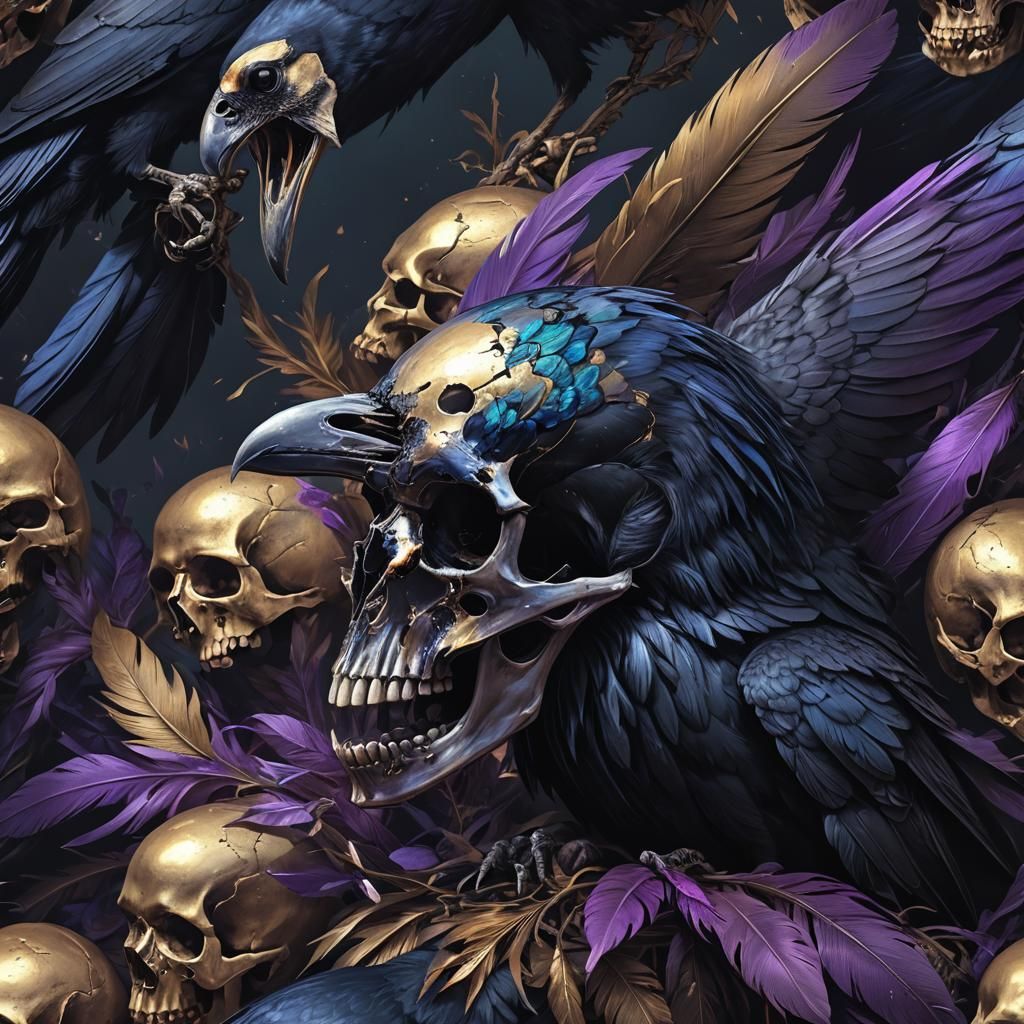 Dark Fantasy Crow Pecks Skull in High Detail