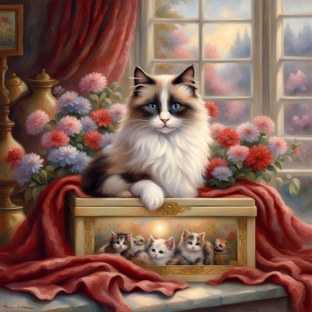 Calico Ragdoll Cat with Kittens in Decorative Box