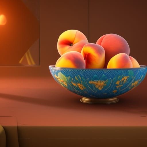 Bowl of Peaches in Detailed Matte Painting Style