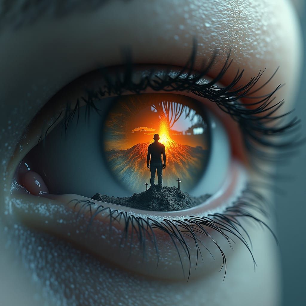 Surreal Macro Eye: Ash Volcano in Digital Art