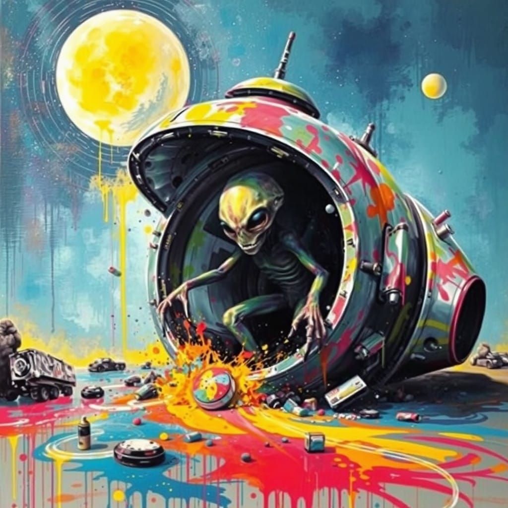 Alien Emerges from Crashed UFO in Vibrant Graffiti Art