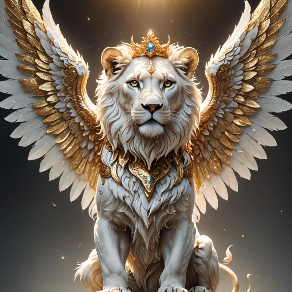 A angelic white lion with spreading arms with glowing intric...