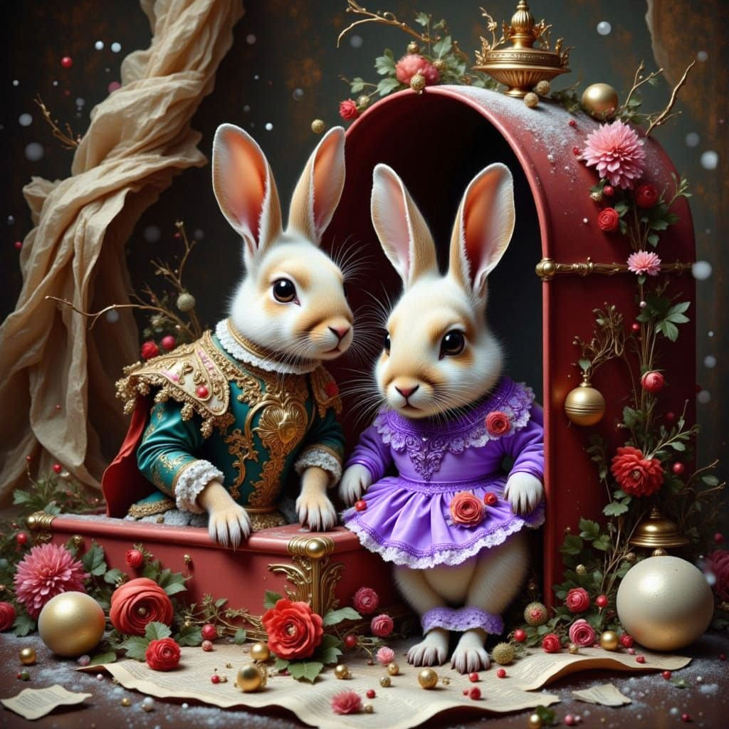 Baroque style at Christmas time with rabbits, one dressed in purple and letterbox.