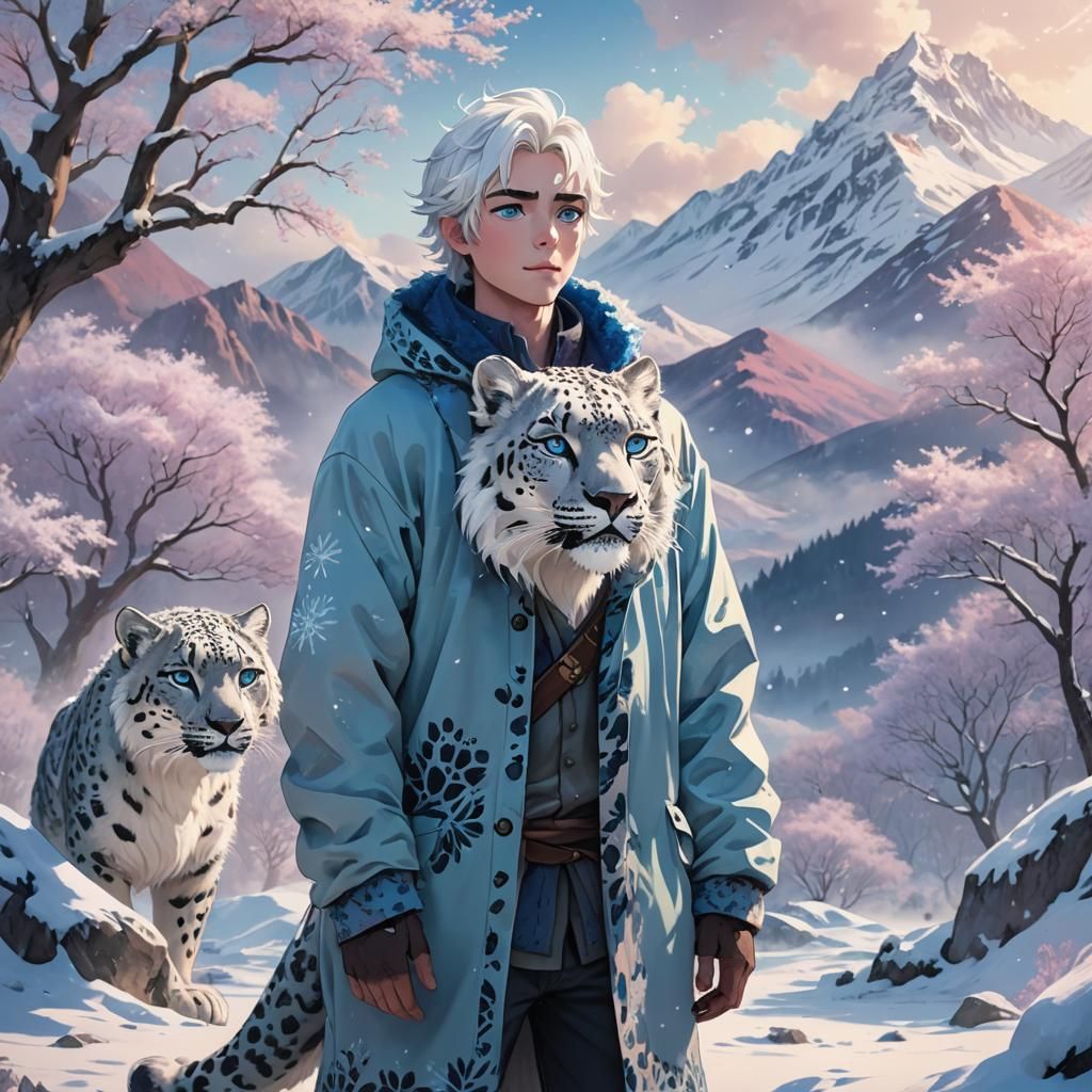 Anime Boy and Snow Leopard in Winter Wonderland