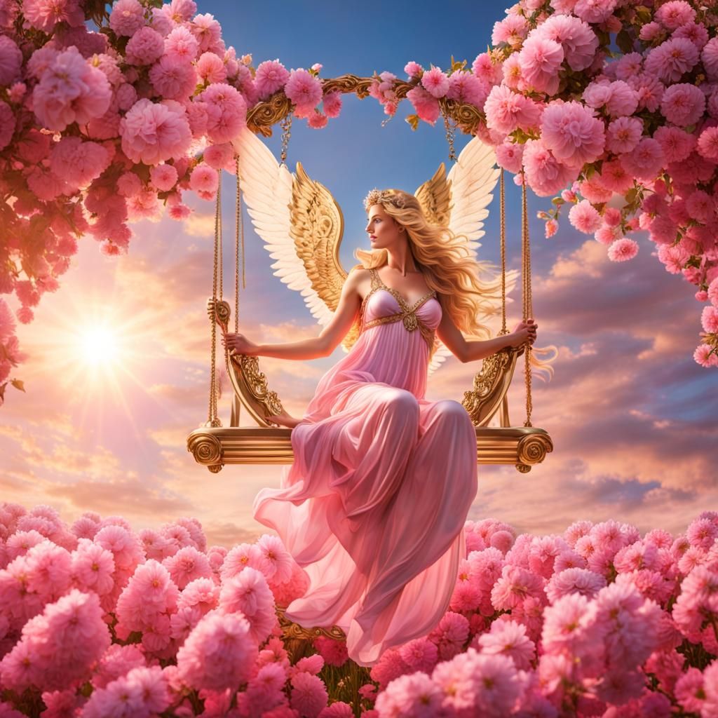 Goddess Venus on Floral Swing in Gold Light