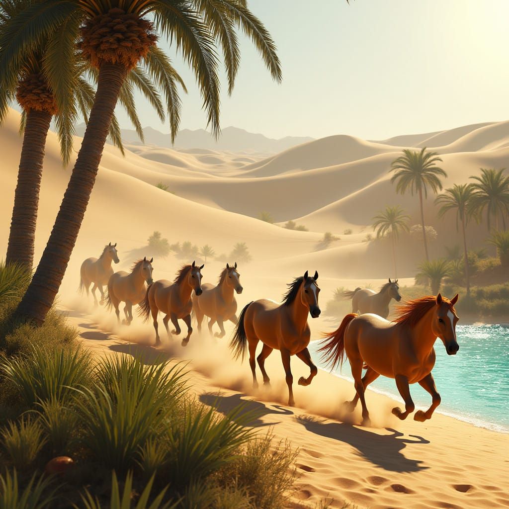Wild Horses Gallop in Desert Oasis with Sparkling Water and...