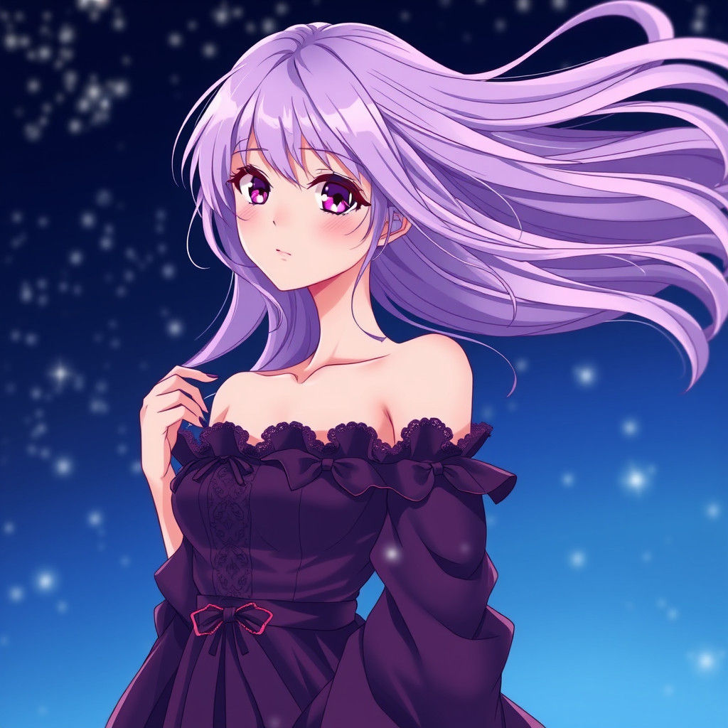 Anime Girl with Purple Hair in Starry Night Sky