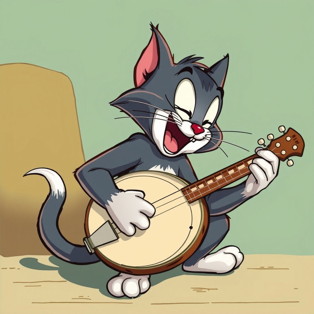 Cartoon Cat Tom Plays Banjo: Comic Book Art