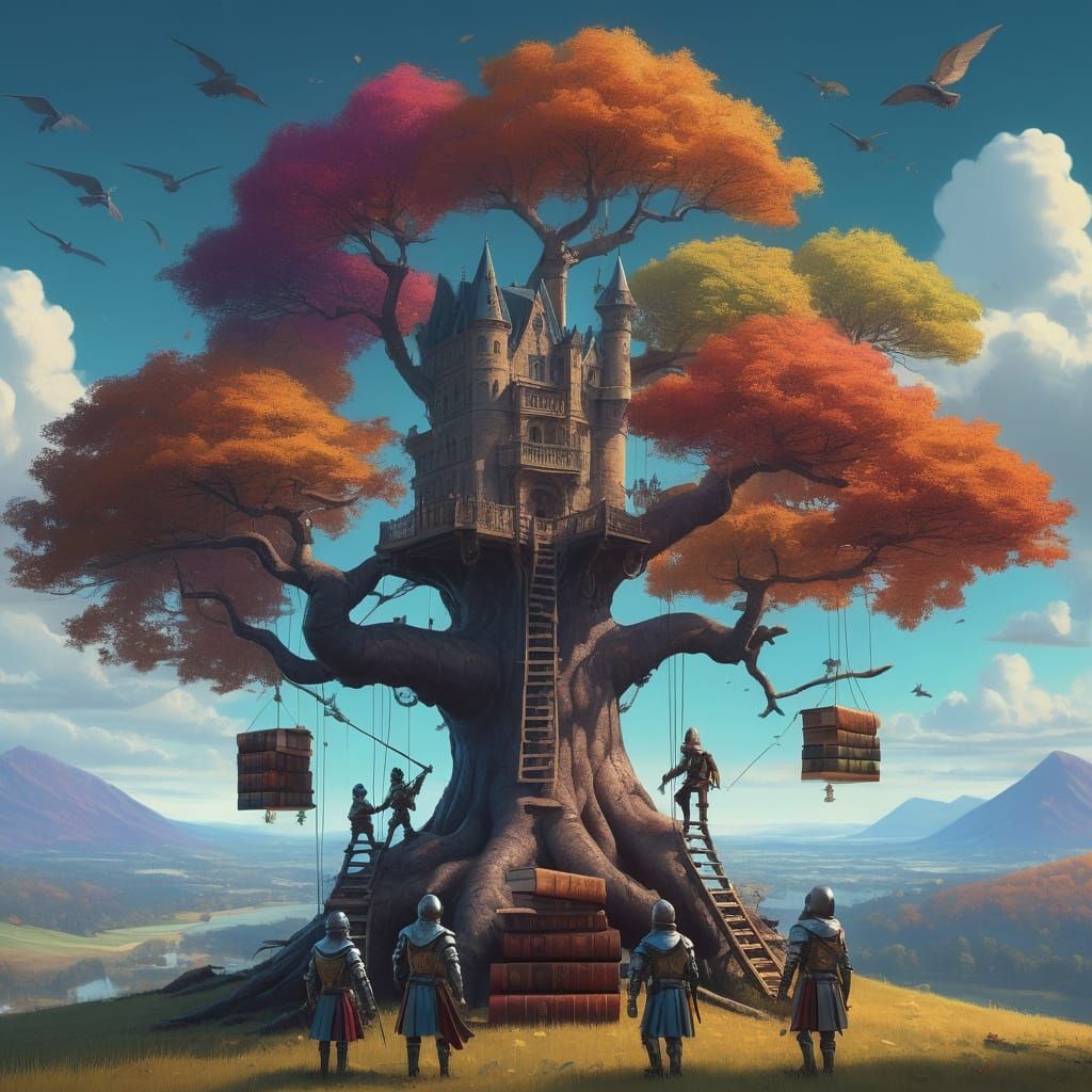 Children Climb Majestic Tree of Library Books in Renaissance...