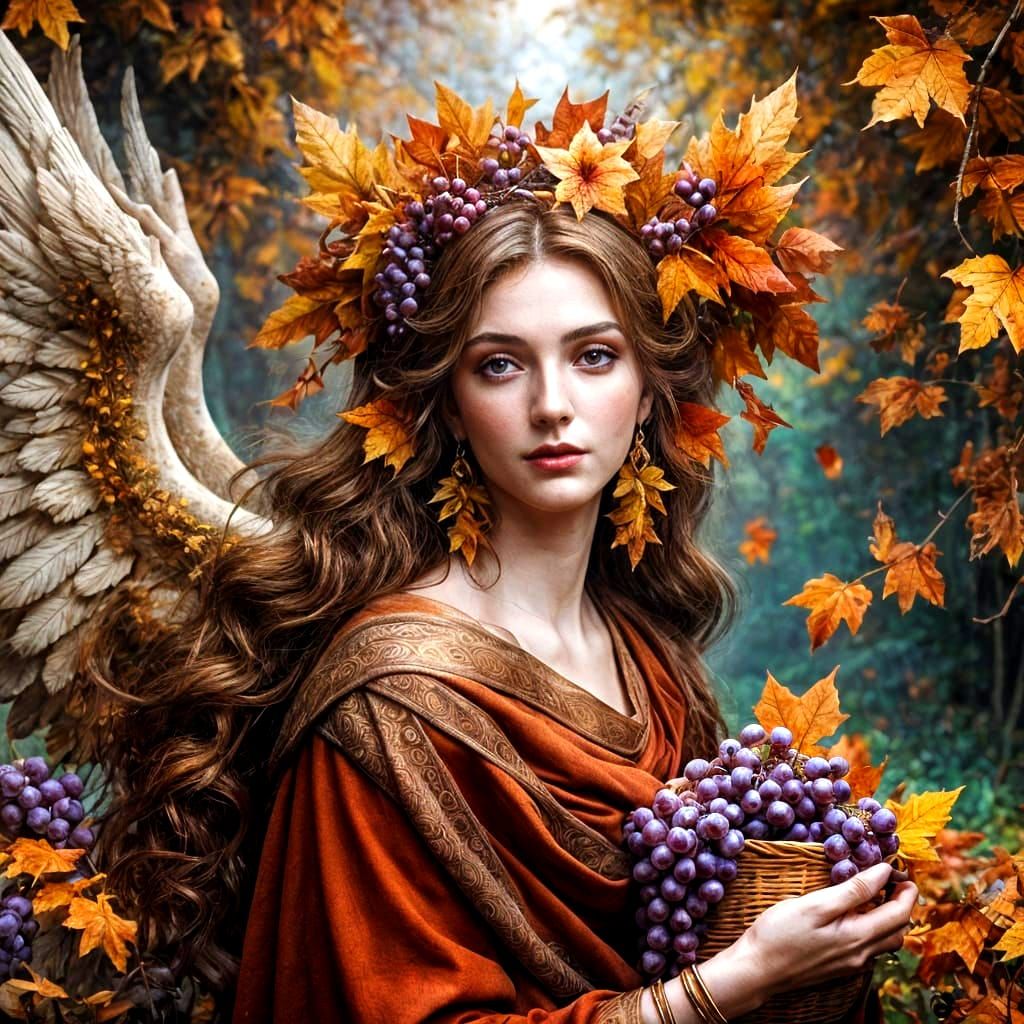 Winged Autumn Goddess in Greek Vineyard