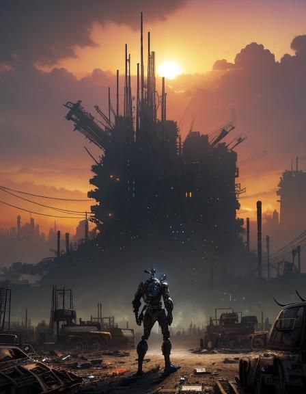 Giant Cyborg Scavenges in Junkyard, Grimy Industrial Style
