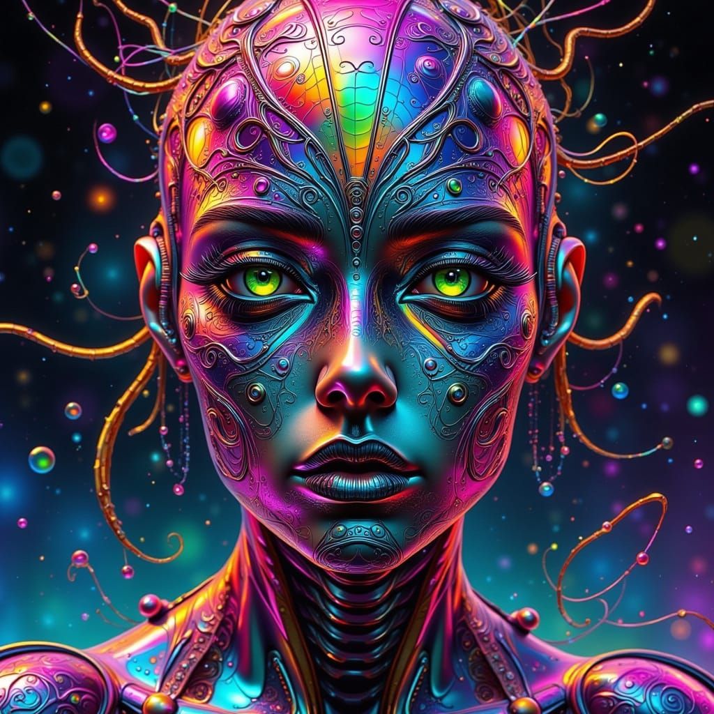 Surreal, Rainbow-Hued Metal Entity in Dark, Gradient Backgro...