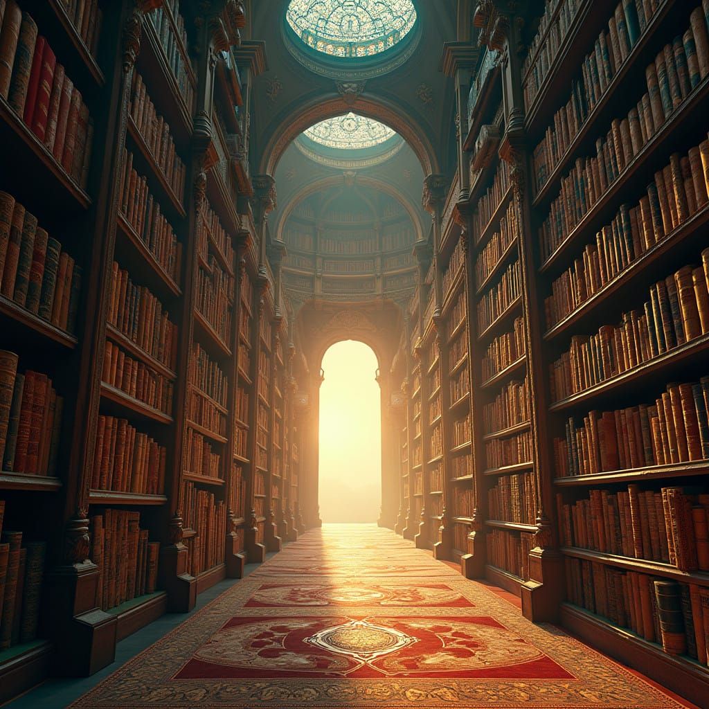 Cosmic Library Archways in Golden Hour