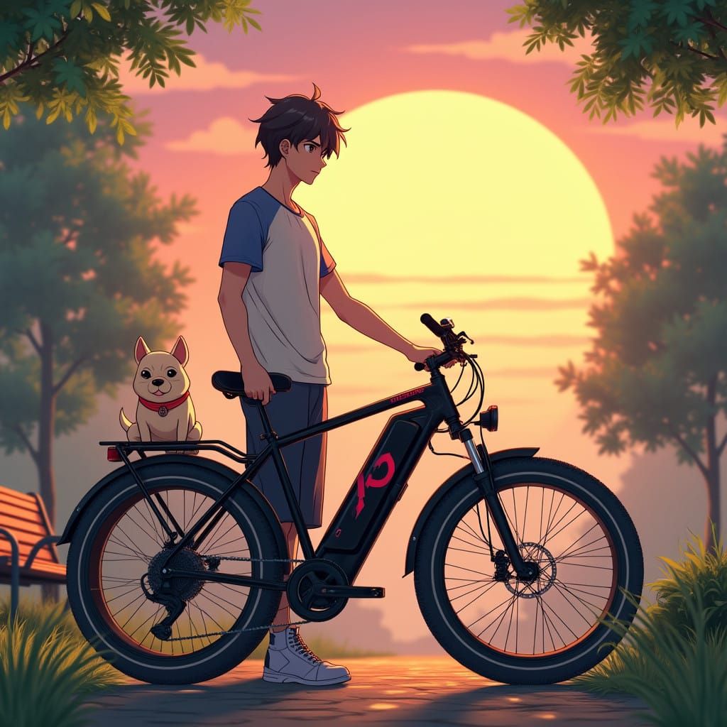 Tall Anime Hero Rides High-Tech E-Bike in Lush Park