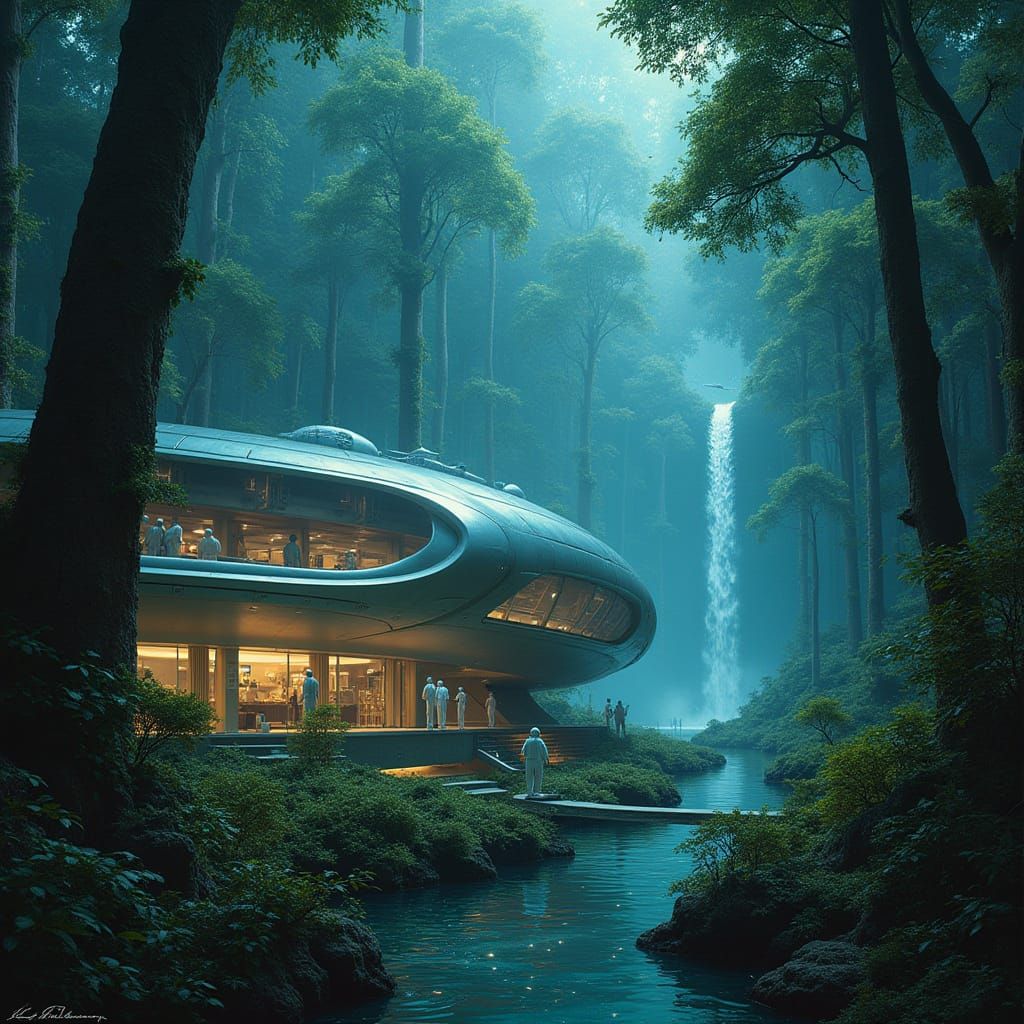 Surreal Research Station Amidst Bioluminescent Mangrove Fore...