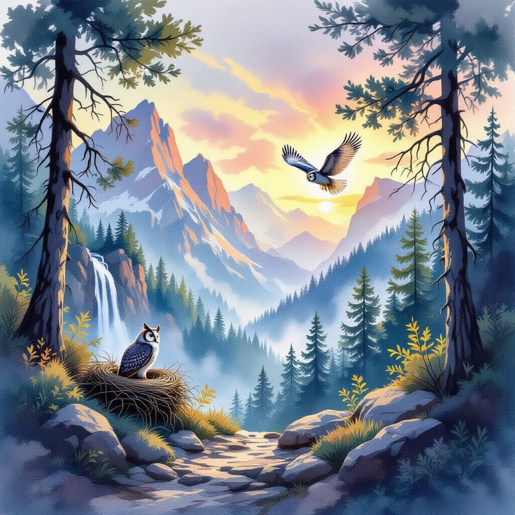 European Eagle-Owl in Mountain Forest Watercolour