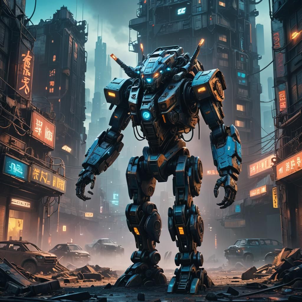 Cyberpunk Mech Illustration in Dramatic Cinematic Style
