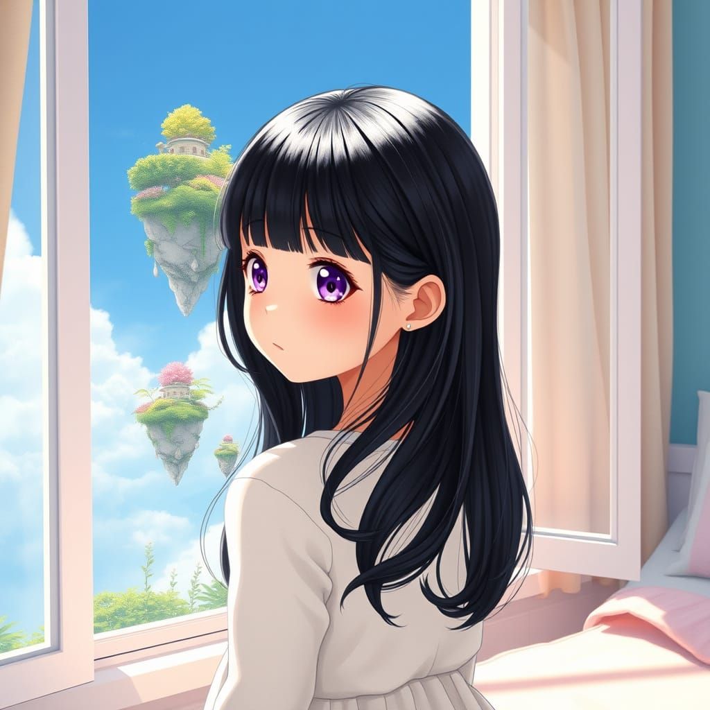 Whimsical Girl in Pastel Bedroom with Floating Islands